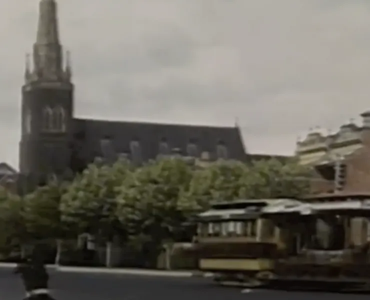 Old footage of tram and church